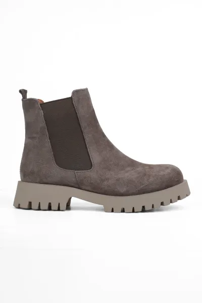 Süet Kadın Hakiki Deri Yuvarlak Burun Yandan Lastikli Chelsea Bot Vizon Süet