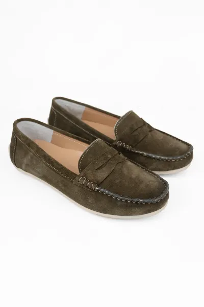 Kadın Hakiki Süet Deri Loafer – Ortopedik Taban Günlük Comfort Yeşil Süet