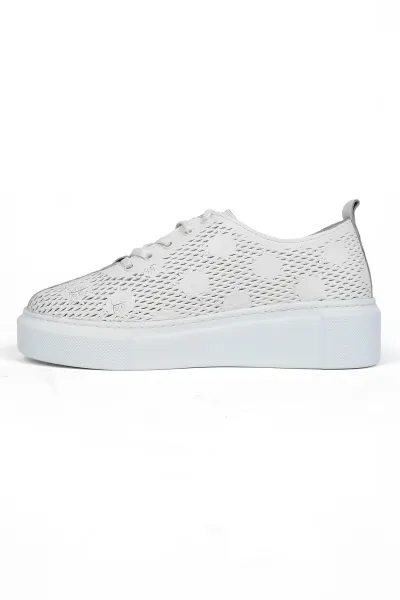 Kadın Hakiki Deri Yazlık Delikli Yüksek Tabanlı Rahat Günlük Casual Sneaker Spor Ayakkabı Beyaz