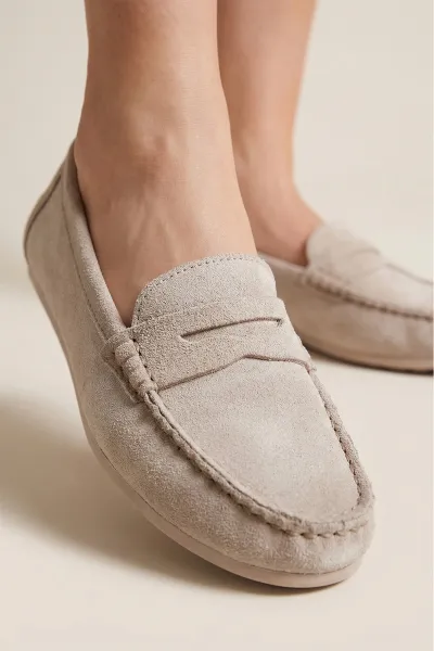 Kadın Hakiki Süet Deri Loafer – Ortopedik Taban Günlük Comfort Bej Süet