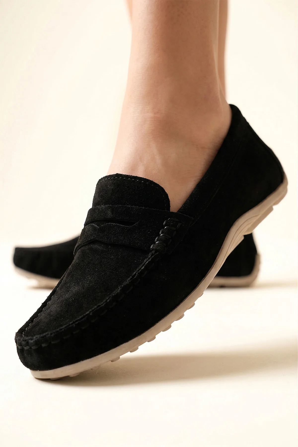 Kadın Hakiki Süet Deri Loafer – Ortopedik Taban Günlük Comfort Siyah Süet