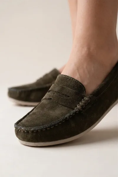 Kadın Hakiki Süet Deri Loafer – Ortopedik Taban Günlük Comfort Yeşil Süet