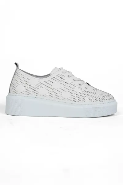 Kadın Hakiki Deri Yazlık Delikli Yüksek Tabanlı Rahat Günlük Casual Sneaker Spor Ayakkabı Beyaz