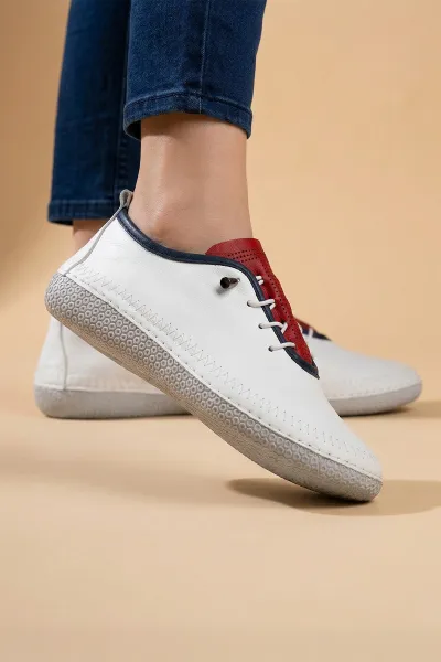 Kadın Hakiki Deri Ortopedik Günlük Rahat Casual Ayakkabı Bağcıklı Comfort Beyaz