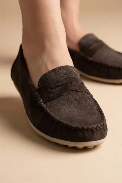Kadın Hakiki Süet Deri Loafer – Ortopedik Taban Günlük Comfort Kahverengi Süet
