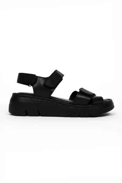 Sİyah Hakiki Deri Kadın Cırtlı Ortopedik Yüksek Taban Sandalet Siyah