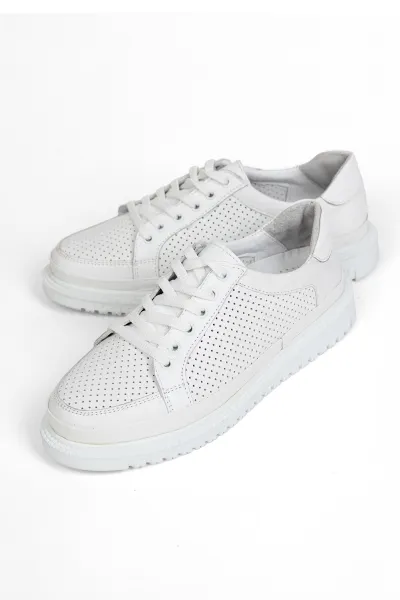 Beyaz Kadın Hakiki Deri Günlük Rahat Casual Sneaker Spor Ayakkabı Beyaz