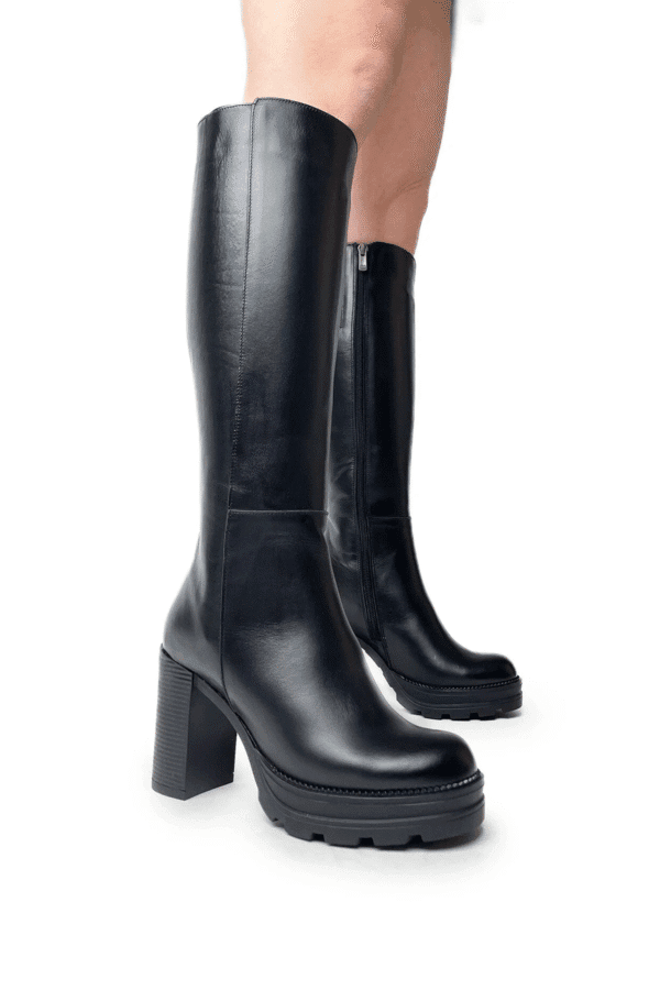 Siyah Kadın Hakiki Deri Platform Taban Diz Altı Fermuarlı  Topuklu  Çizme