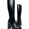 Siyah Kadın Hakiki Deri Platform Taban Diz Altı Fermuarlı  Topuklu  Çizme