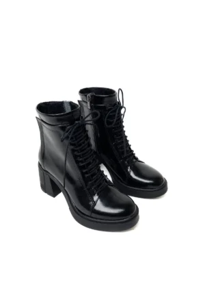 siyah rugan kadın hakiki deri kalın topuklu bağcıklı ve fermuarlı platform taban postal bilekte bot