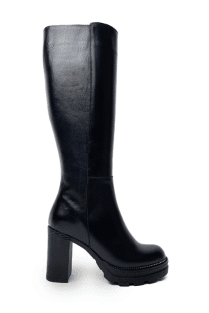 Siyah Kadın Hakiki Deri Platform Taban Diz Altı Fermuarlı Topuklu Çizme