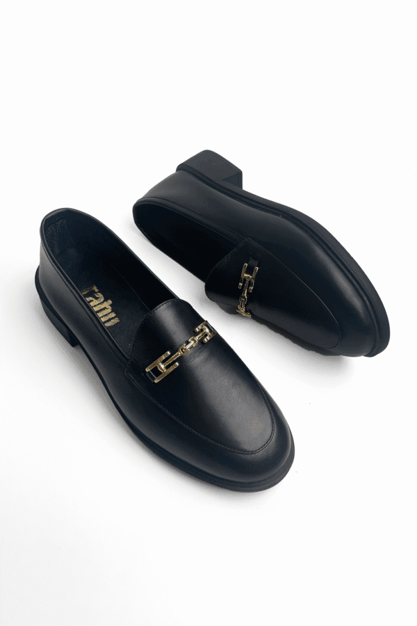 Siyah Kadın Hakiki Deri Kalın Taban Gold Tokalı Loafer