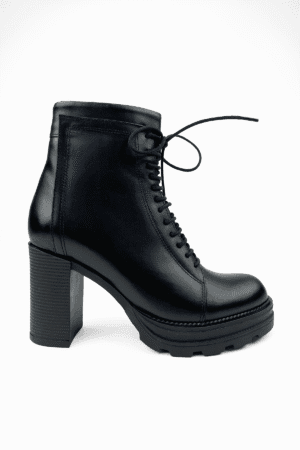 Siyah Kadın Hakiki Deri Bağcıklı Fermuarlı Yüksek Platform Kalın Topuklu Bot