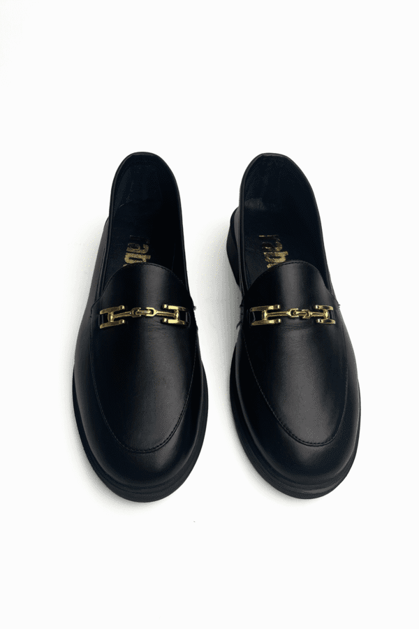 Siyah Kadın Hakiki Deri Kalın Taban Gold Tokalı Loafer