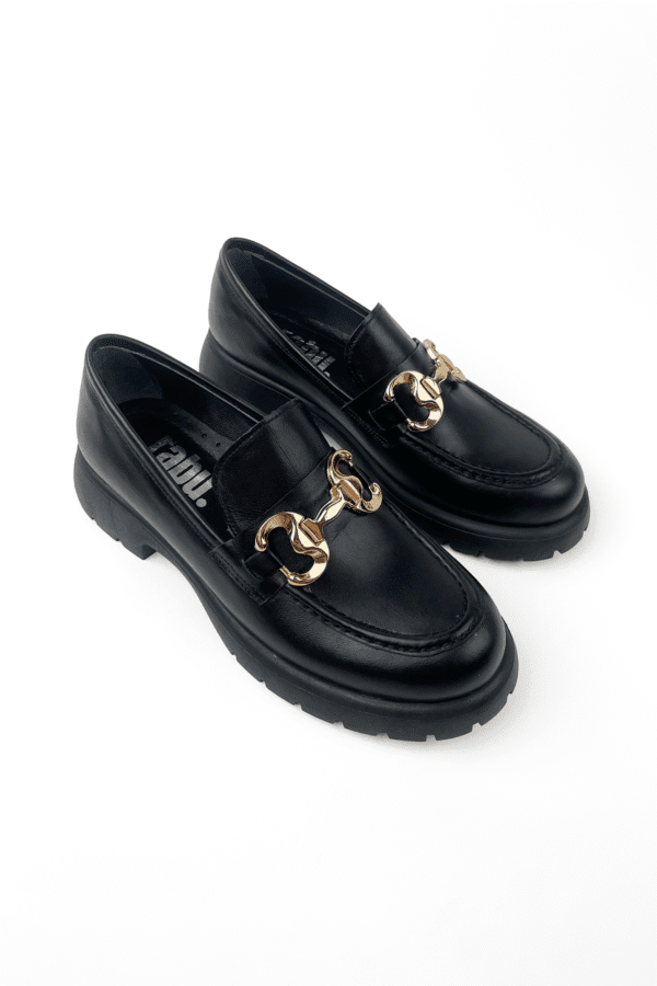 siyah kadın hakiki deri gold metal tokalı ortopedik kalın taban loafer