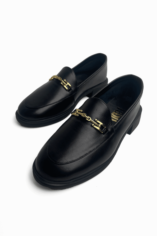 Siyah Kadın Hakiki Deri Kalın Taban Gold Tokalı Loafer