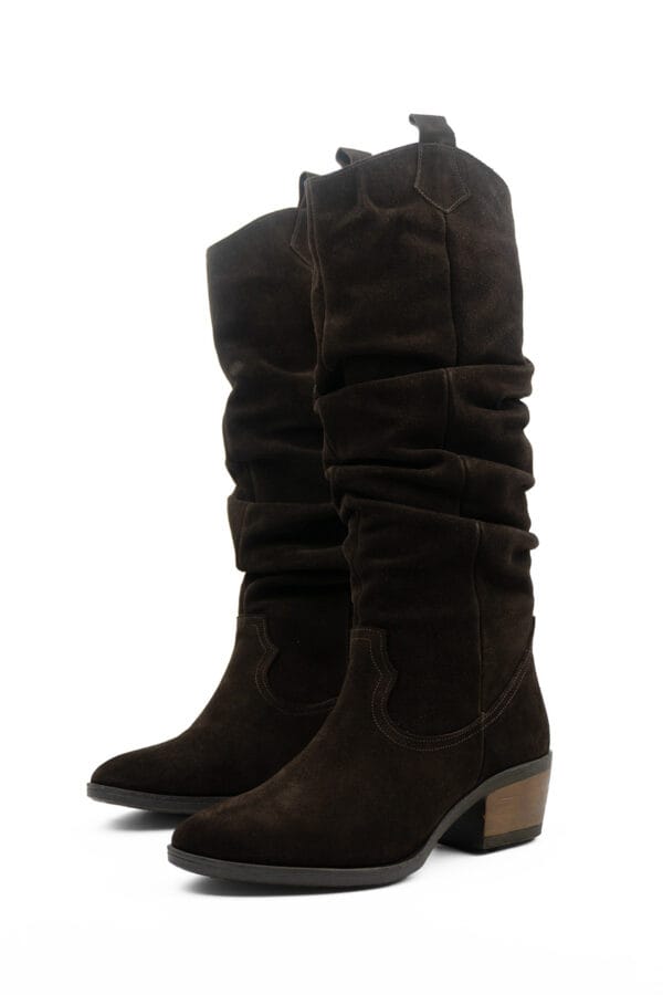 Kadın Hakiki Deri Süet Sivri Burunlu  Kalın Topuklu Körüklü  Çizme