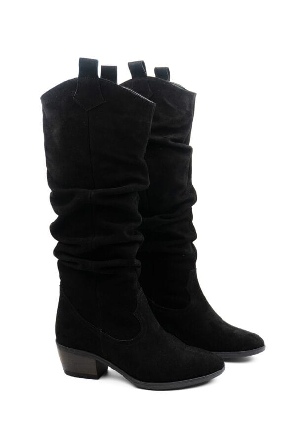 Kadın Hakiki Deri Süet Sivri Burunlu  Kalın Topuklu Körüklü  Çizme