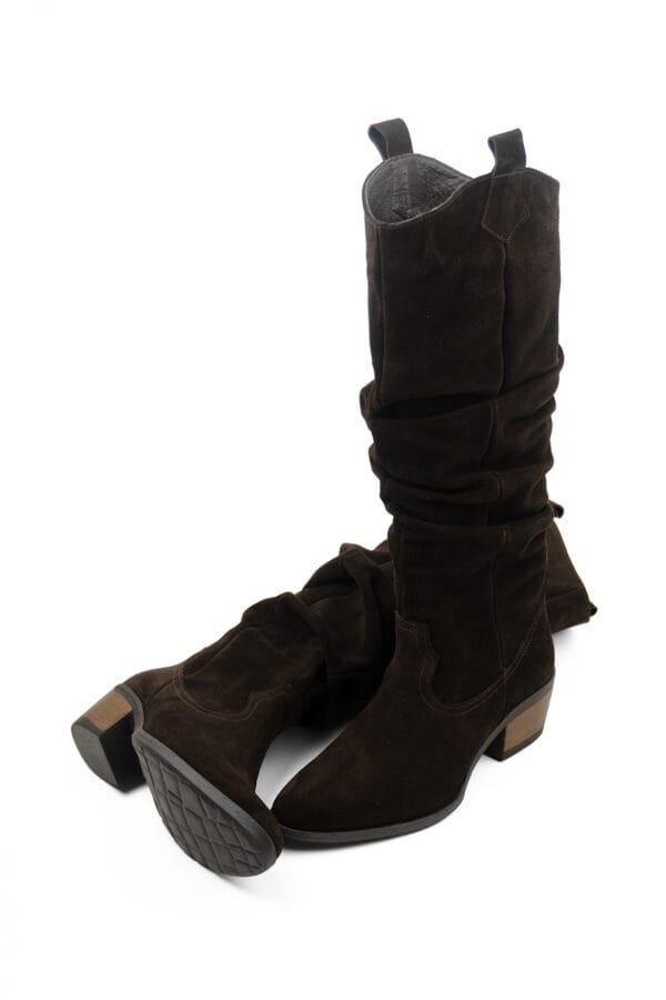 Kadın Hakiki Deri Süet Sivri Burunlu  Kalın Topuklu Körüklü  Çizme