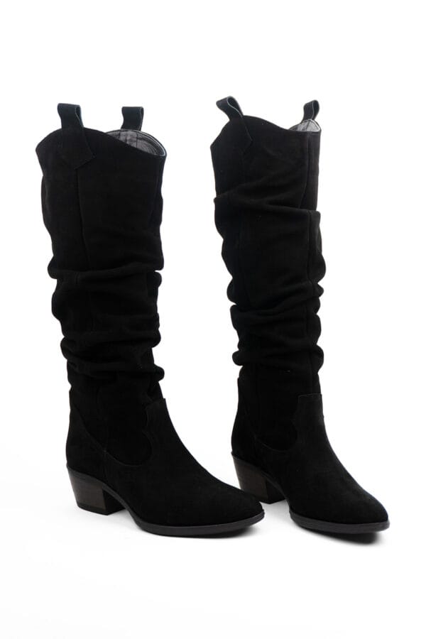 Kadın Hakiki Deri Süet Sivri Burunlu  Kalın Topuklu Körüklü  Çizme