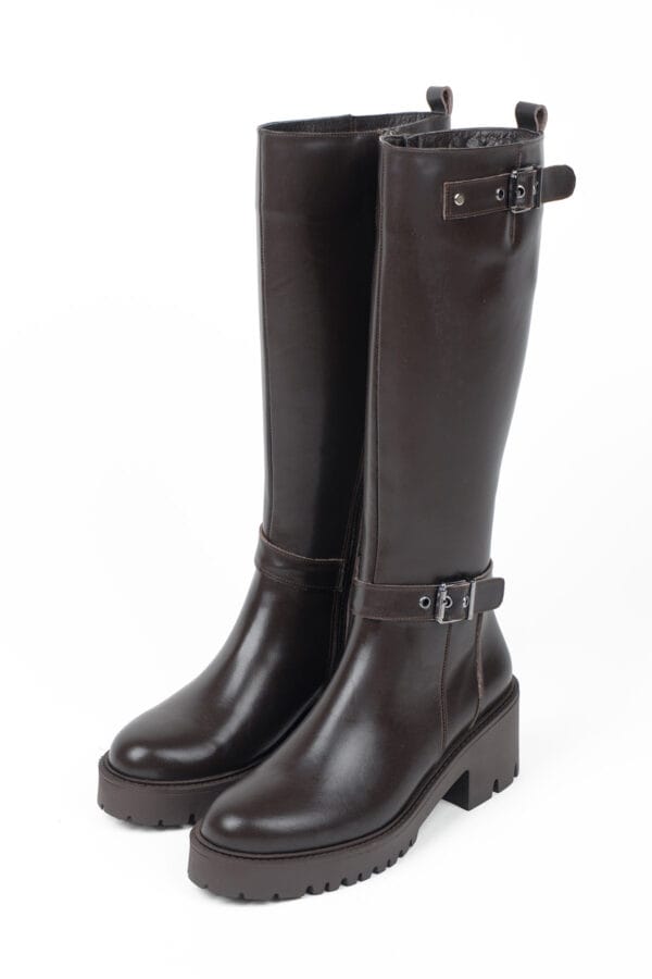 Hakiki Deri Fermuarlı Tokalı Kadın Çizme | Kalın Platform Tabanlı, Kaymaz Taban