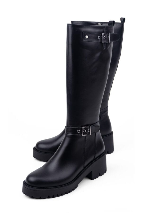 Hakiki Deri Fermuarlı Tokalı Kadın Çizme | Kalın Platform Tabanlı, Kaymaz Taban