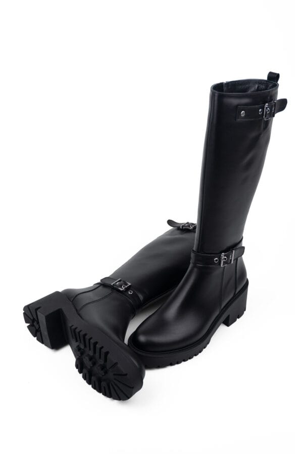 Hakiki Deri Fermuarlı Tokalı Kadın Çizme | Kalın Platform Tabanlı, Kaymaz Taban