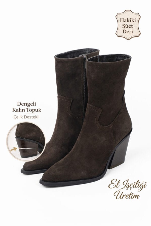 Kadın Hakiki Deri Süet Kalın Topuklu Kovboy Bot-Western