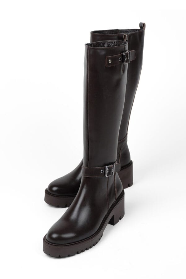 Hakiki Deri Fermuarlı Tokalı Kadın Çizme | Kalın Platform Tabanlı, Kaymaz Taban