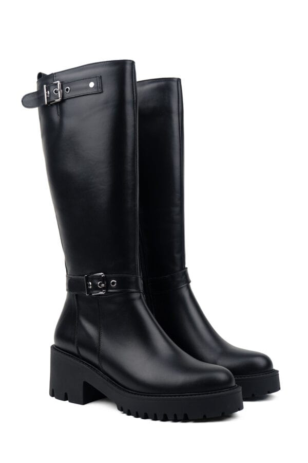 Hakiki Deri Fermuarlı Tokalı Kadın Çizme | Kalın Platform Tabanlı, Kaymaz Taban