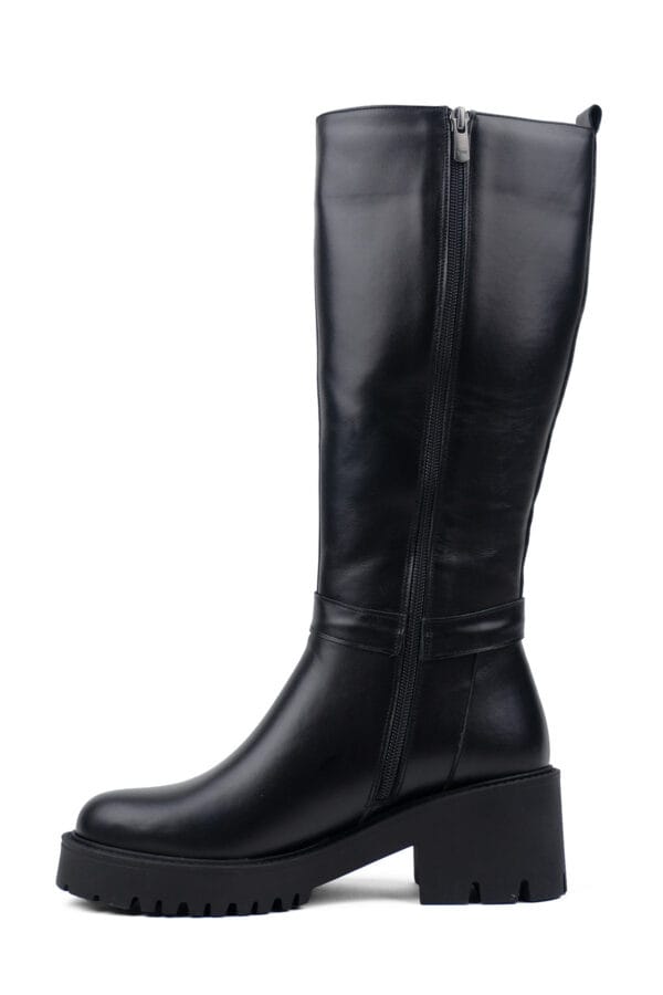 Hakiki Deri Fermuarlı Tokalı Kadın Çizme | Kalın Platform Tabanlı, Kaymaz Taban
