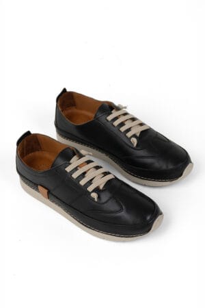 Siyah Kadın Hakiki Deri Ortopedik Günlük Bağcıklı Casual Spor Ayakkabı