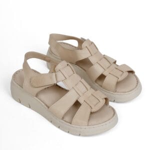 Bej Kadın Hakiki Deri Ortopedik Kalın Tabanlı Günlük Sandalet