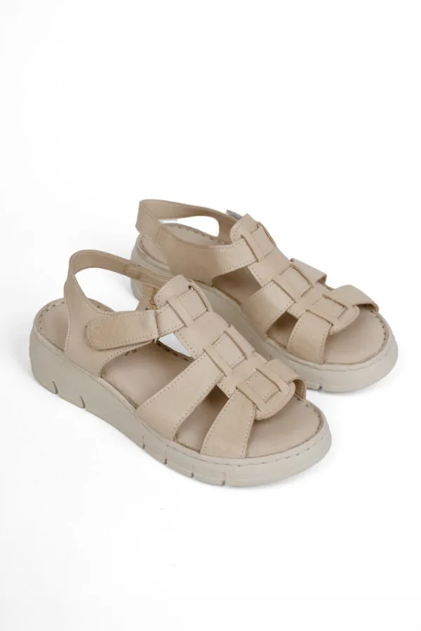 Bej Kadın Hakiki Deri Ortopedik Kalın Tabanlı Günlük Sandalet