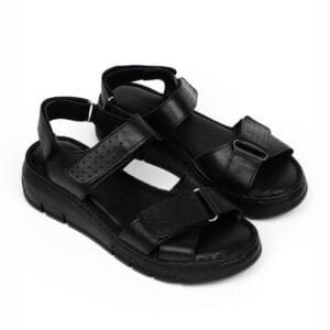 Sİyah Hakiki Deri Kadın Cırtlı Ortopedik Yüksek Taban Sandalet